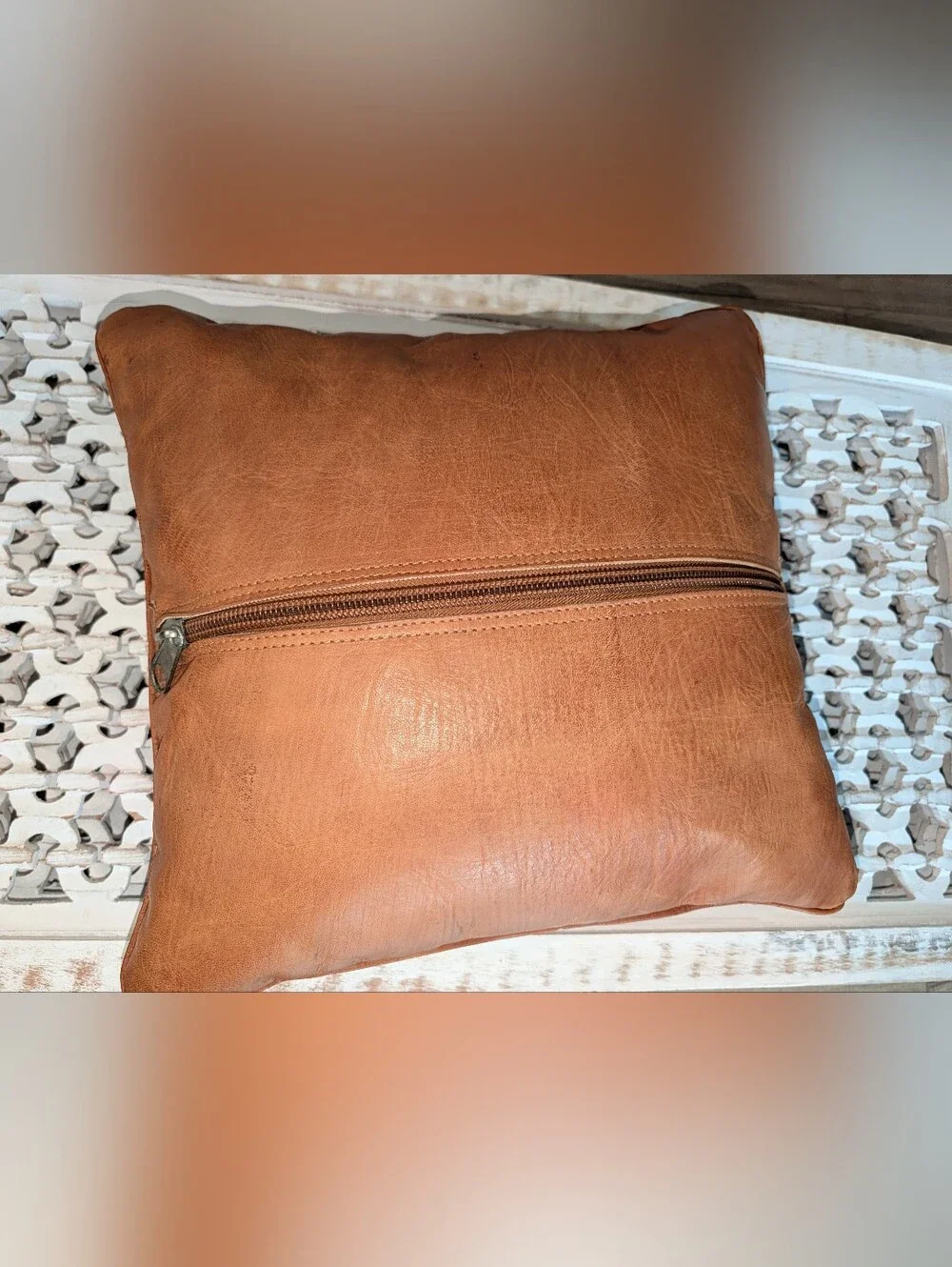 Handcrafted Morrocan Tan Leather Accent Pillow with Cream Embroidery